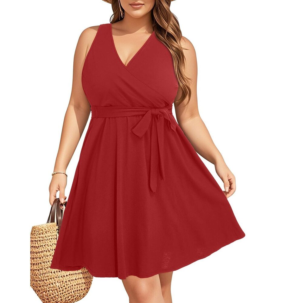 9602 Red Plus Size Sleeveless V Neck Wrap Sundress Summer Casual Dress